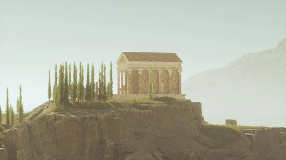 Ruiny rzymskiej świątyni na klifie z cyprysami wokół