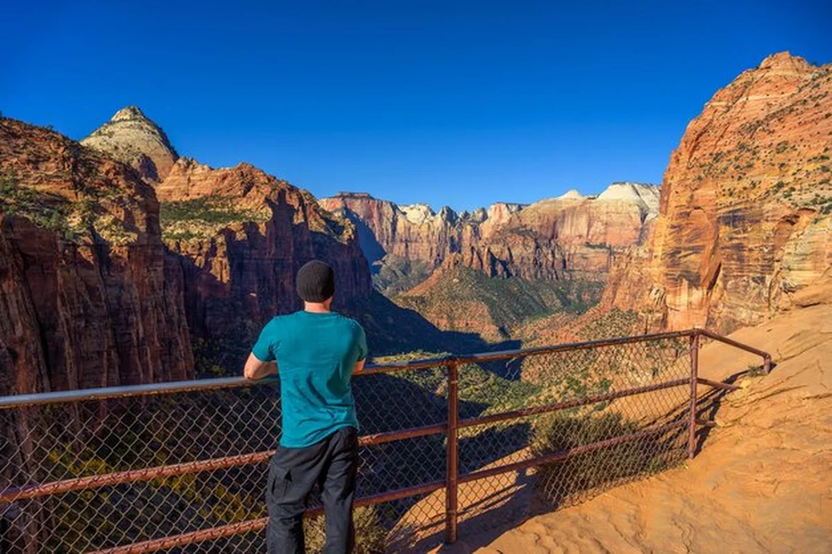 Turysta w Canyon Overlook w Parku Narodowym Zion w Utah